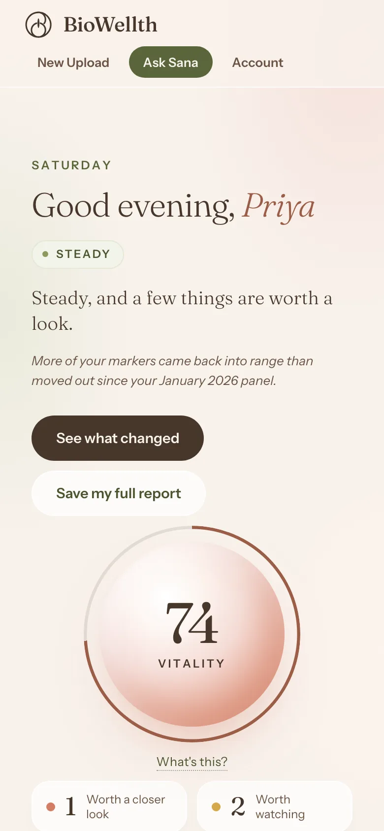 The same sample dashboard on a phone, with the greeting to Priya, the Steady label and the vitality score of 74.
